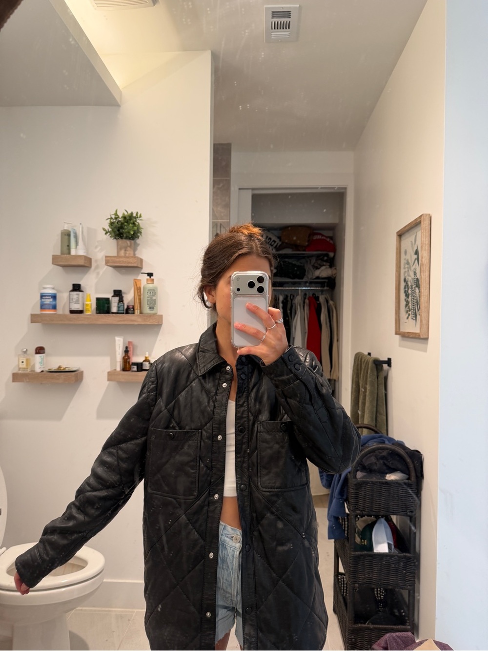 Women's Quilted Faux-Leather Longline Jacket - Black